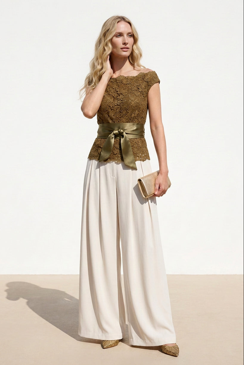 Lace Off-the-Shoulder Wide-Leg Jumpsuit with Sash