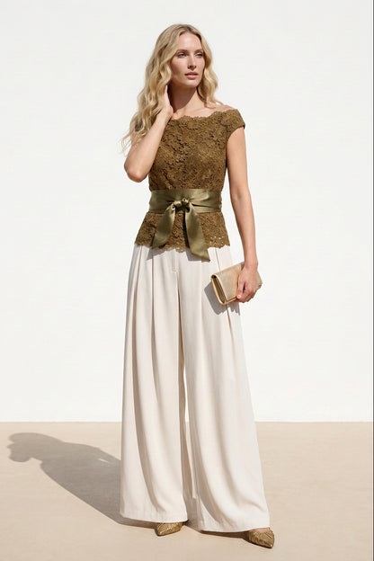 Lace Off-the-Shoulder Wide-Leg Jumpsuit with Sash