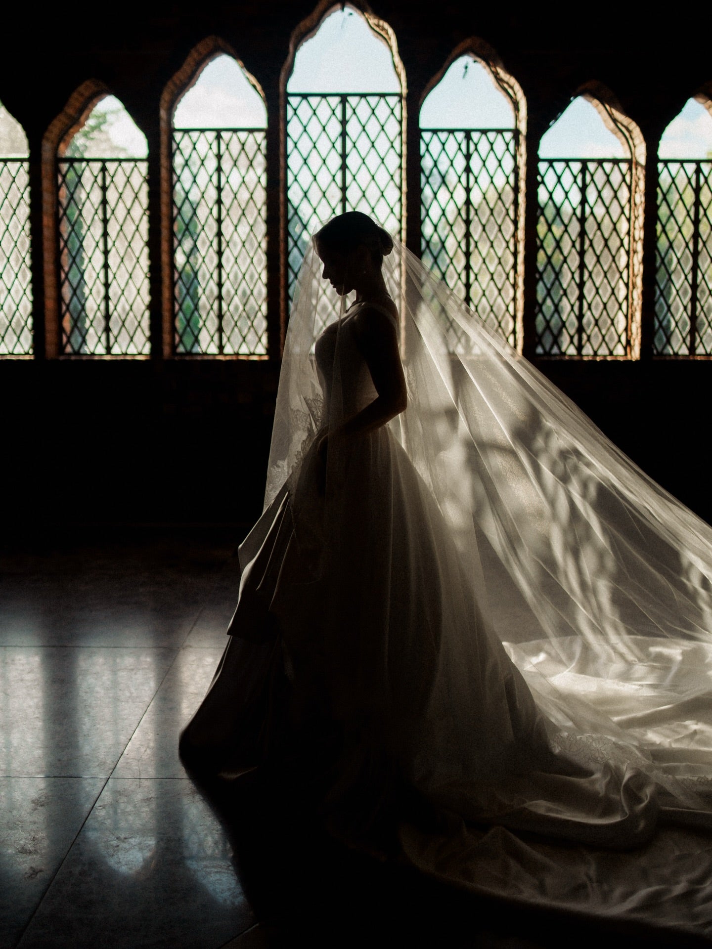 Satin Ball Gown with Tiered Skirt Cathedral Train Wedding Dress