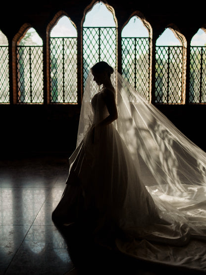 Satin Ball Gown with Tiered Skirt Cathedral Train Wedding Dress