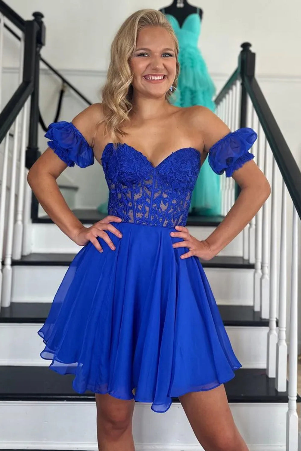 Off-Shoulder Lace Corset Fit-and-Flare Mini Dress