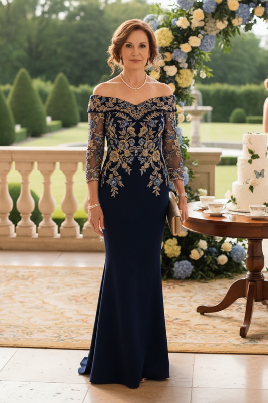 Off Shoulder Floral Embroidered Evening Gown