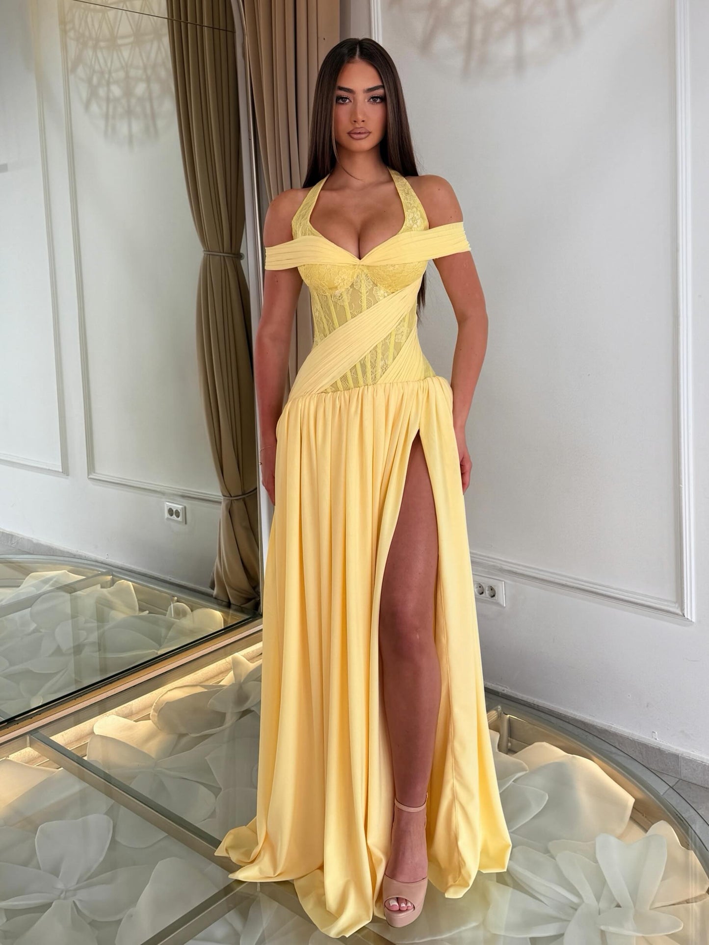 Pleated Corset Halter Evening Gown with Slit