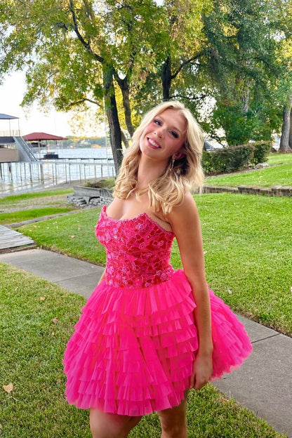 Strapless Beaded Bodice Tiered Tulle Mini Dress