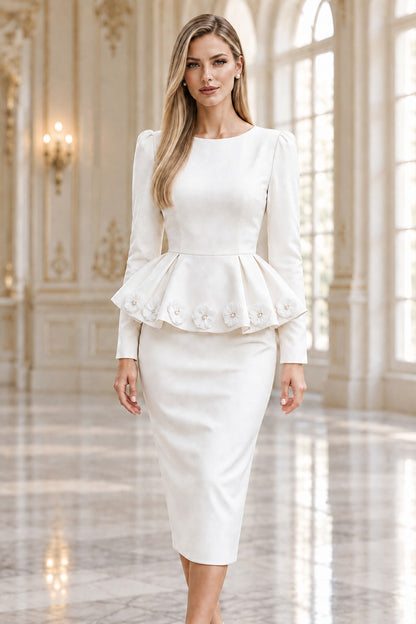 Floral Peplum Long Sleeve Midi Sheath Dress