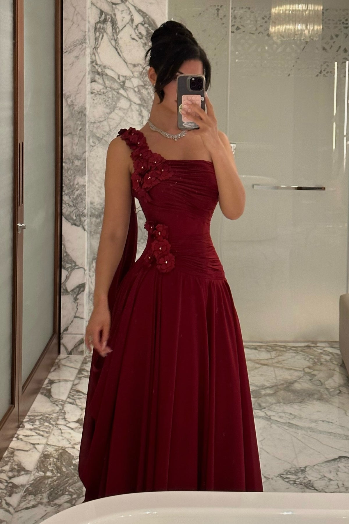One-Shoulder Floral Appliqué Ruched Evening Gown