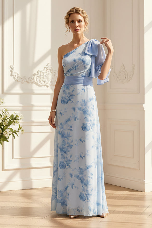 One-Shoulder Floral Chiffon A-Line Gown