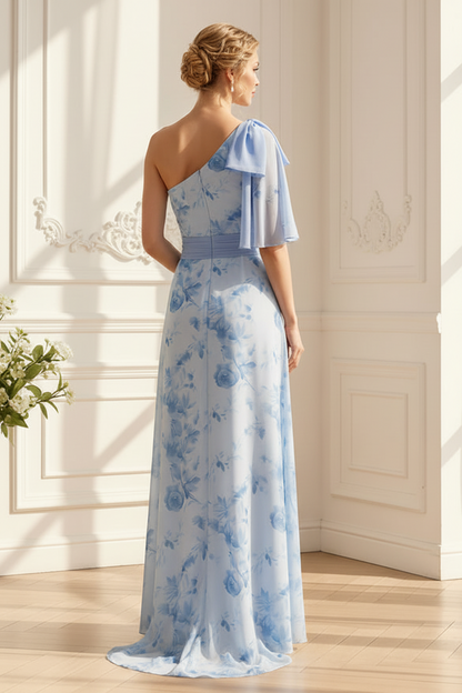 One-Shoulder Floral Chiffon A-Line Gown