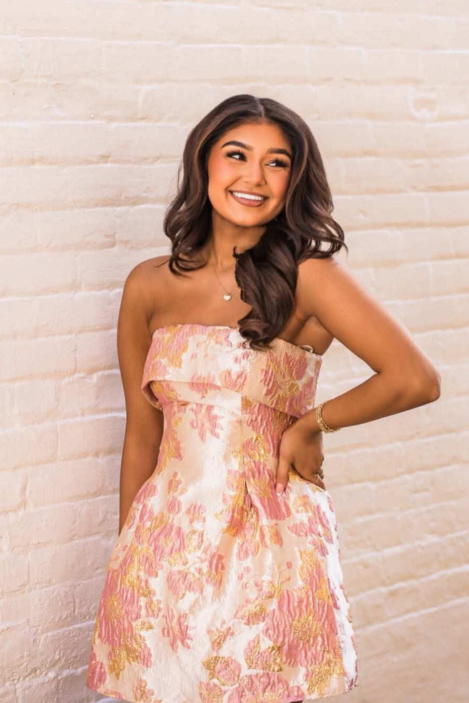 Strapless Fold-Over Floral Jacquard Mini Dress