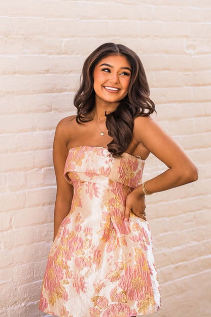 Strapless Fold-Over Floral Jacquard Mini Dress