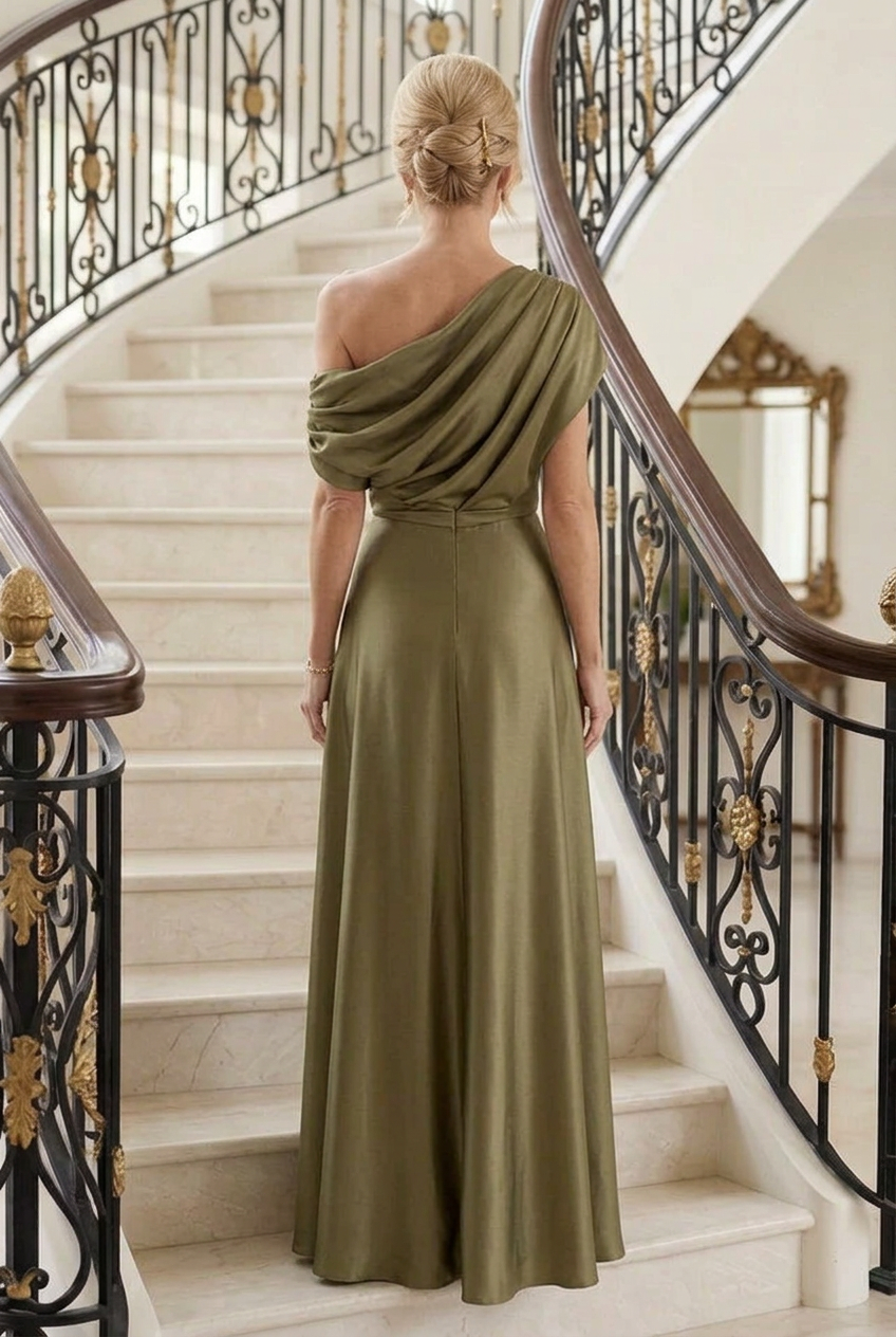 One-Shoulder Cowl Neck Satin A-Line Gown