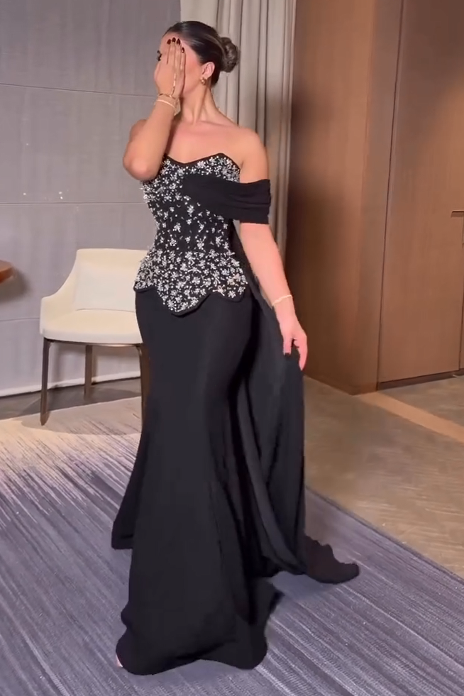 Beaded Peplum Bodice Gown with Drape