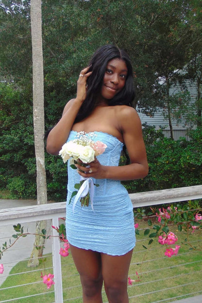 Strapless Lace Corset Ruched Mini Dress