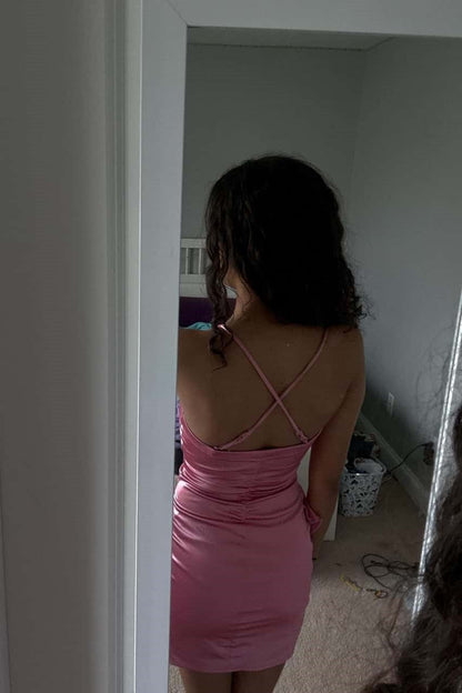 Satin Crisscross Back Ruched Mini Dress