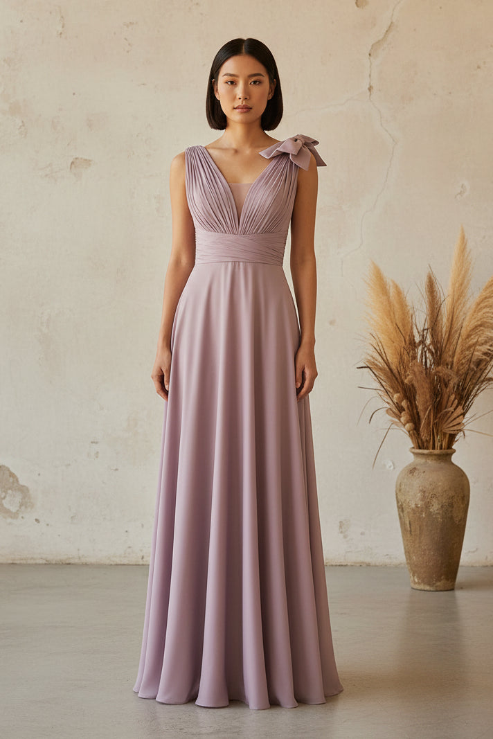 V-Neck Ruched Bodice A-Line Floor-Length Gown