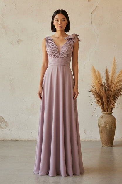 V-Neck Ruched Bodice A-Line Floor-Length Gown