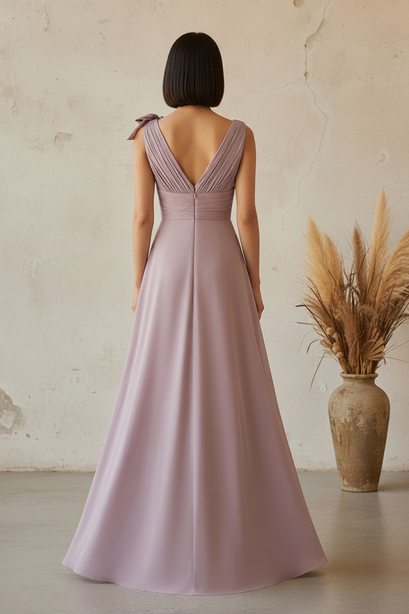 V-Neck Ruched Bodice A-Line Floor-Length Gown