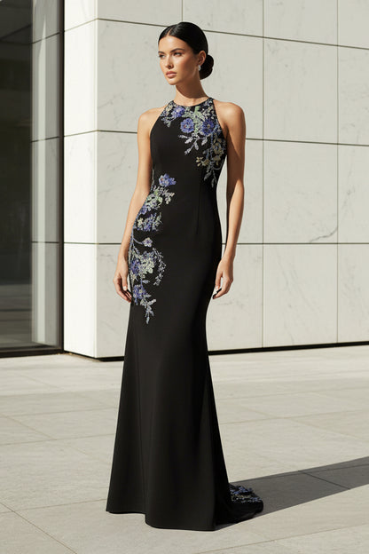 Floral Beaded Illusion Back Evening Gown