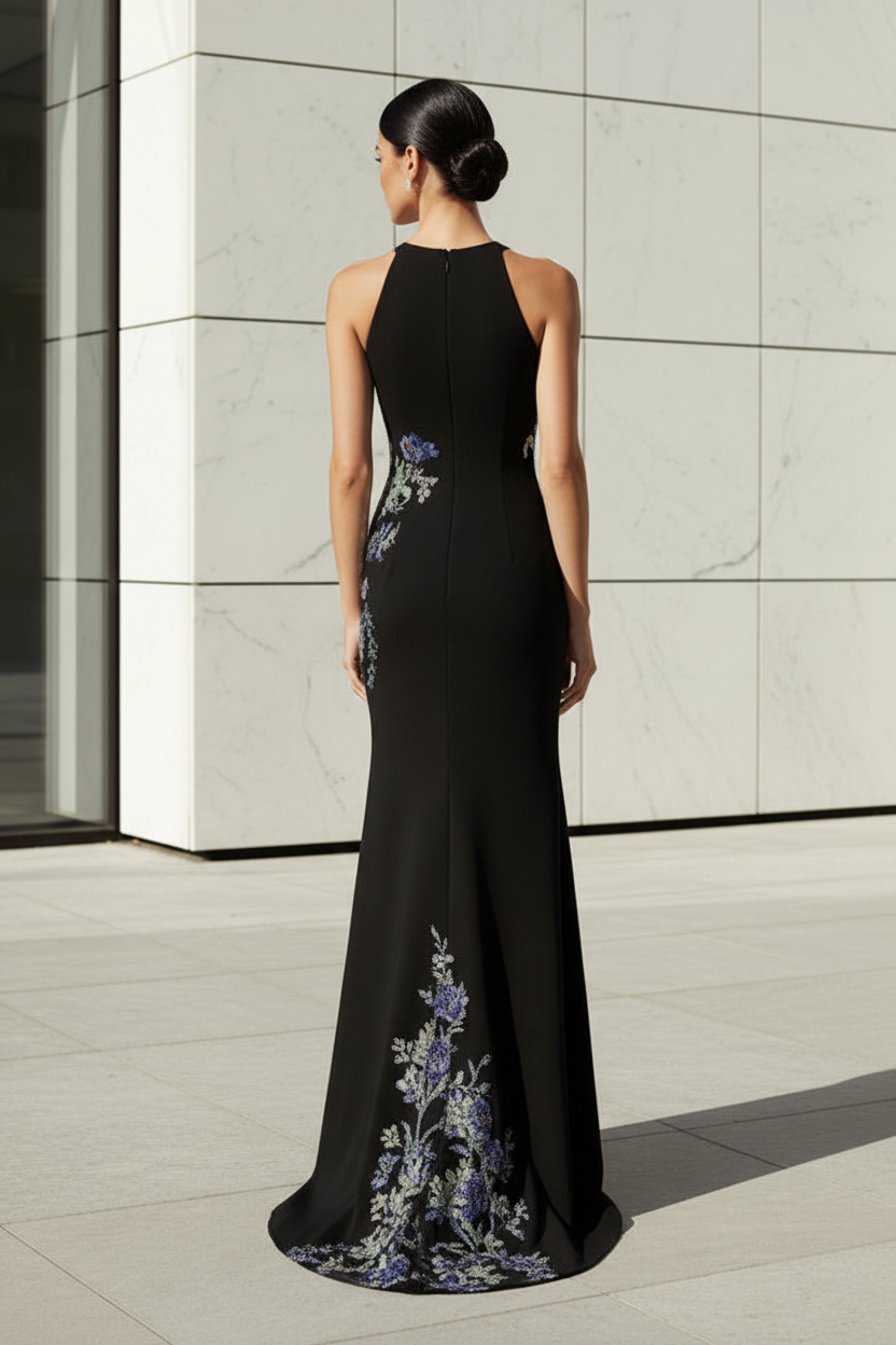 Floral Beaded Illusion Back Evening Gown