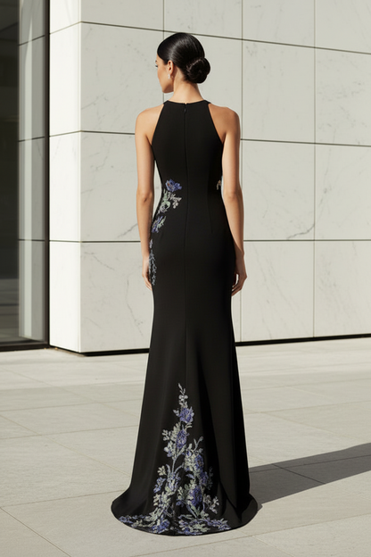 Floral Beaded Illusion Back Evening Gown