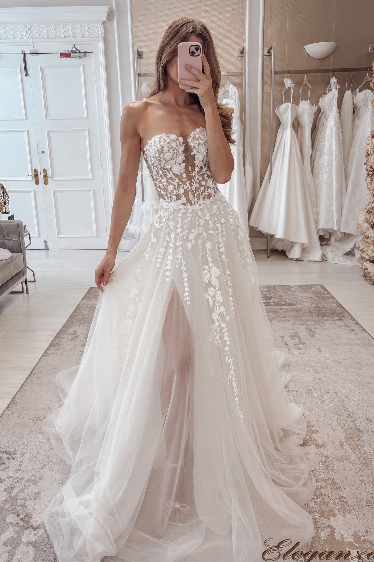 Convertible A-Line Lace Wedding Dress with High Slit