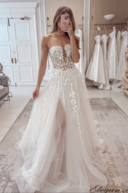 Convertible A-Line Lace Wedding Dress with High Slit