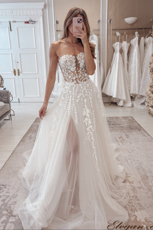 Convertible A-Line Lace Wedding Dress with High Slit