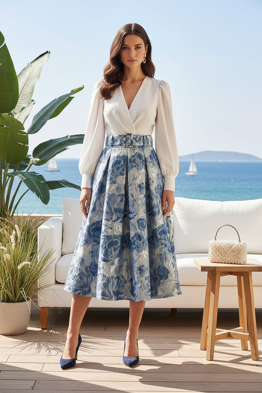 Wrap V-Neck Long Sleeve Belted Floral Jacquard Midi Dress