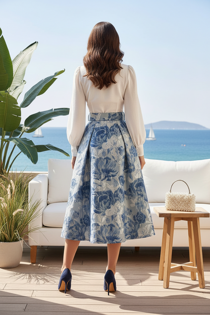 Wrap V-Neck Long Sleeve Belted Floral Jacquard Midi Dress