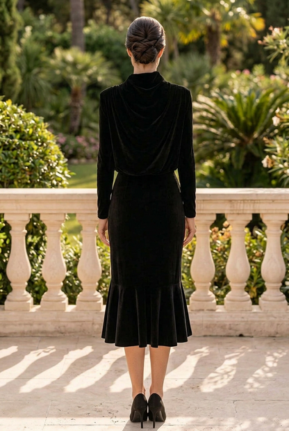Cowl High-Neck Velvet Flounce Midi Dress