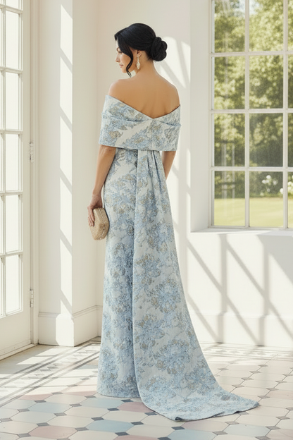Off-the-Shoulder Jacquard Evening Gown with Cape