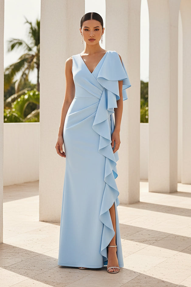 V Neck Ruffle Mermaid Formal Evening Gown