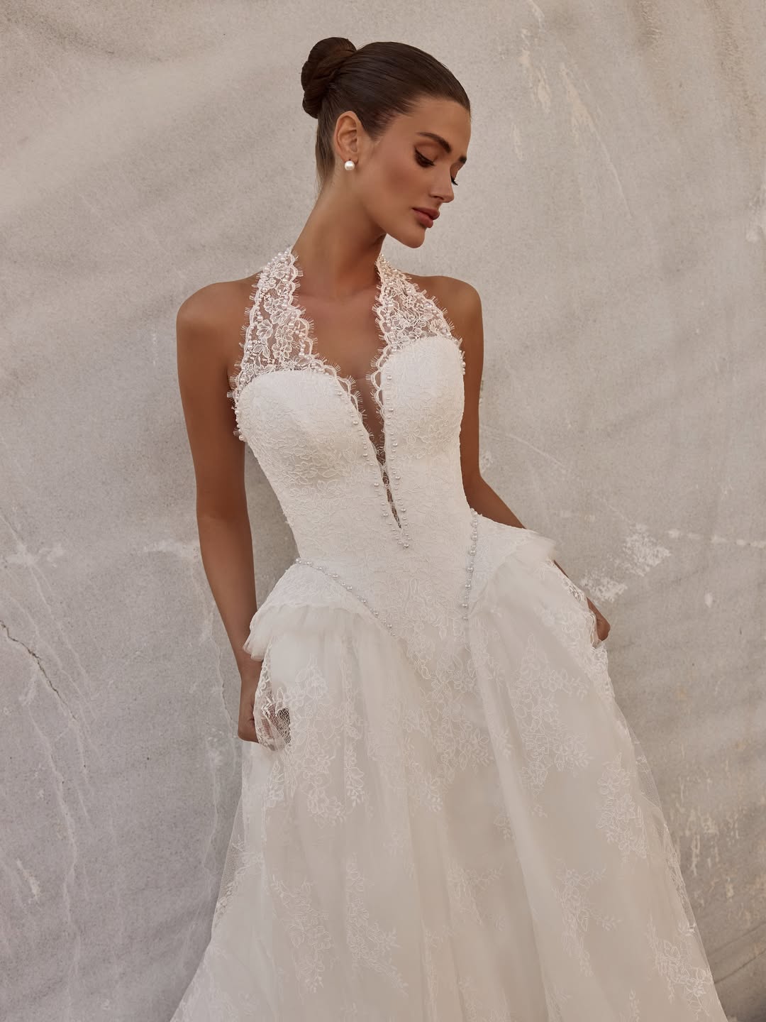 Lace Halter Ball Gown Wedding Dress with Basqued Hip