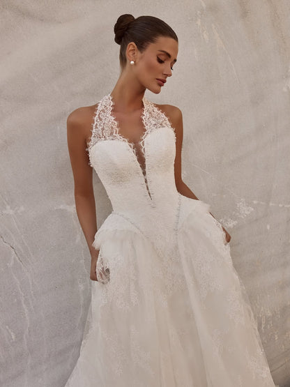 Lace Halter Ball Gown Wedding Dress with Basqued Hip