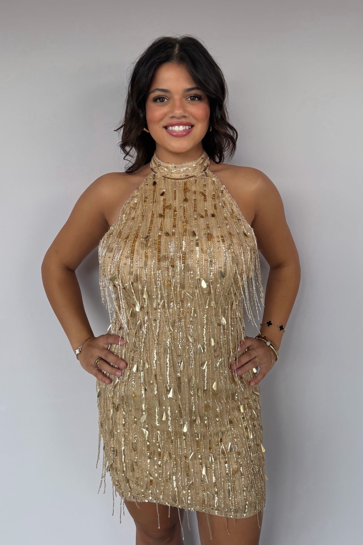 Halter Beaded Fringe Mini Dress with Open Back