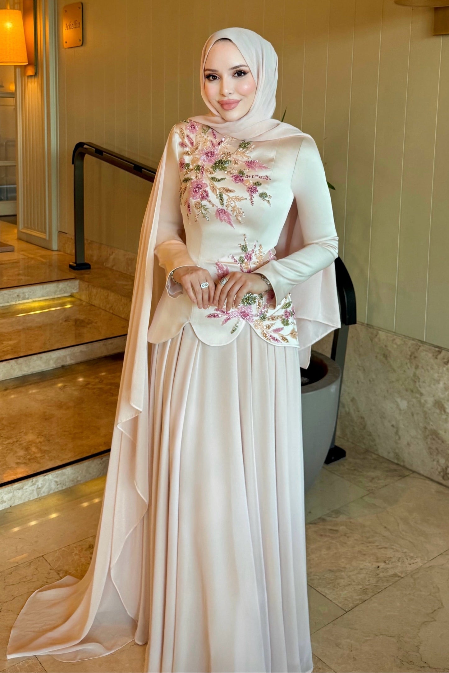 Embroidered Long Sleeve Evening Gown with Cape