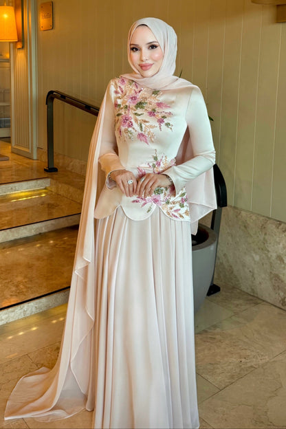 Embroidered Long Sleeve Evening Gown with Cape