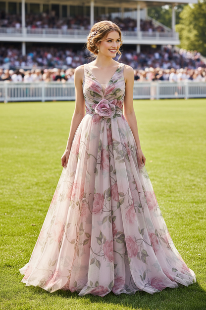 Floral A-Line V-Back Evening Gown