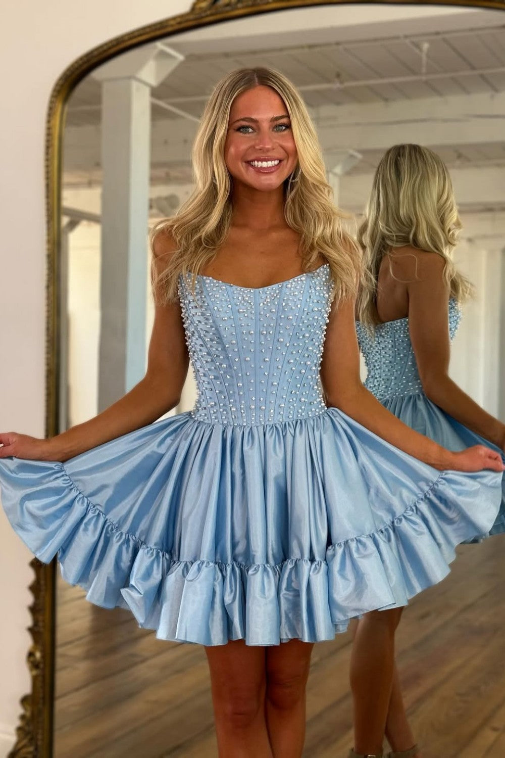 Pearl-Embellished Strapless Corset Mini Dress