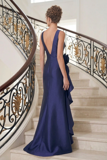 V-Neck Satin Evening Gown with Cascading Ruffle
