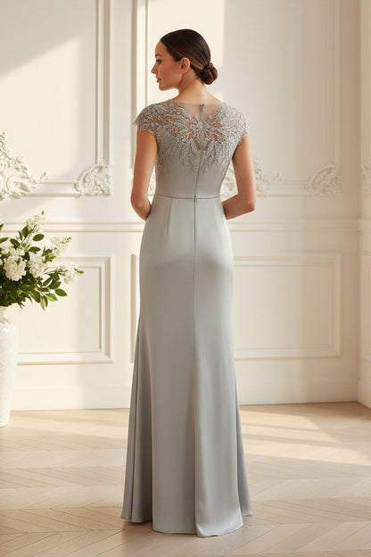 Illusion Neck Embroidered Cap Sleeve Satin Gown