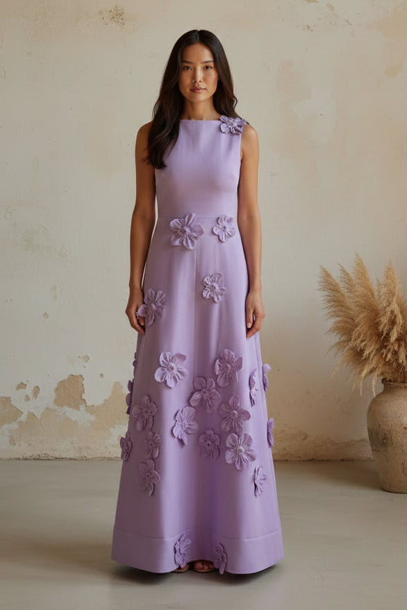 Elegant Sleeveless A-Line Maxi Dress with 3D Flowers