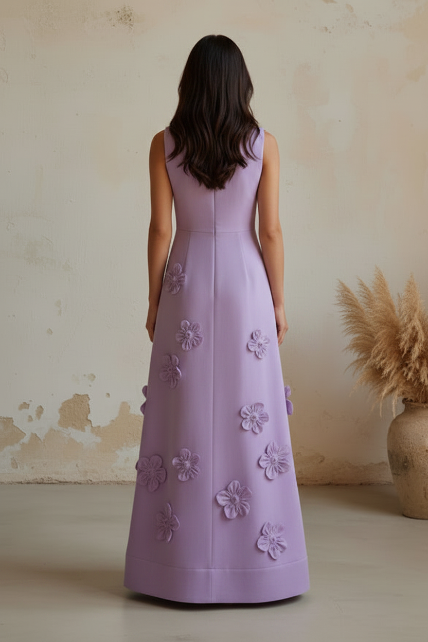 Elegant Sleeveless A-Line Maxi Dress with 3D Flowers