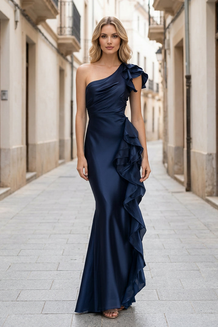 One-Shoulder Ruffle Side Trumpet Evening Gown