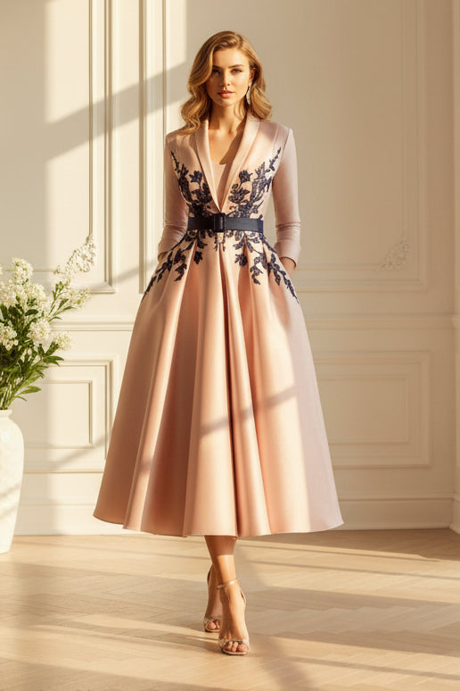 Embroidered A-Line Satin Tea-Length Dress