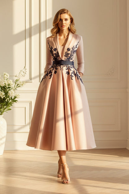 Embroidered A-Line Satin Tea-Length Dress