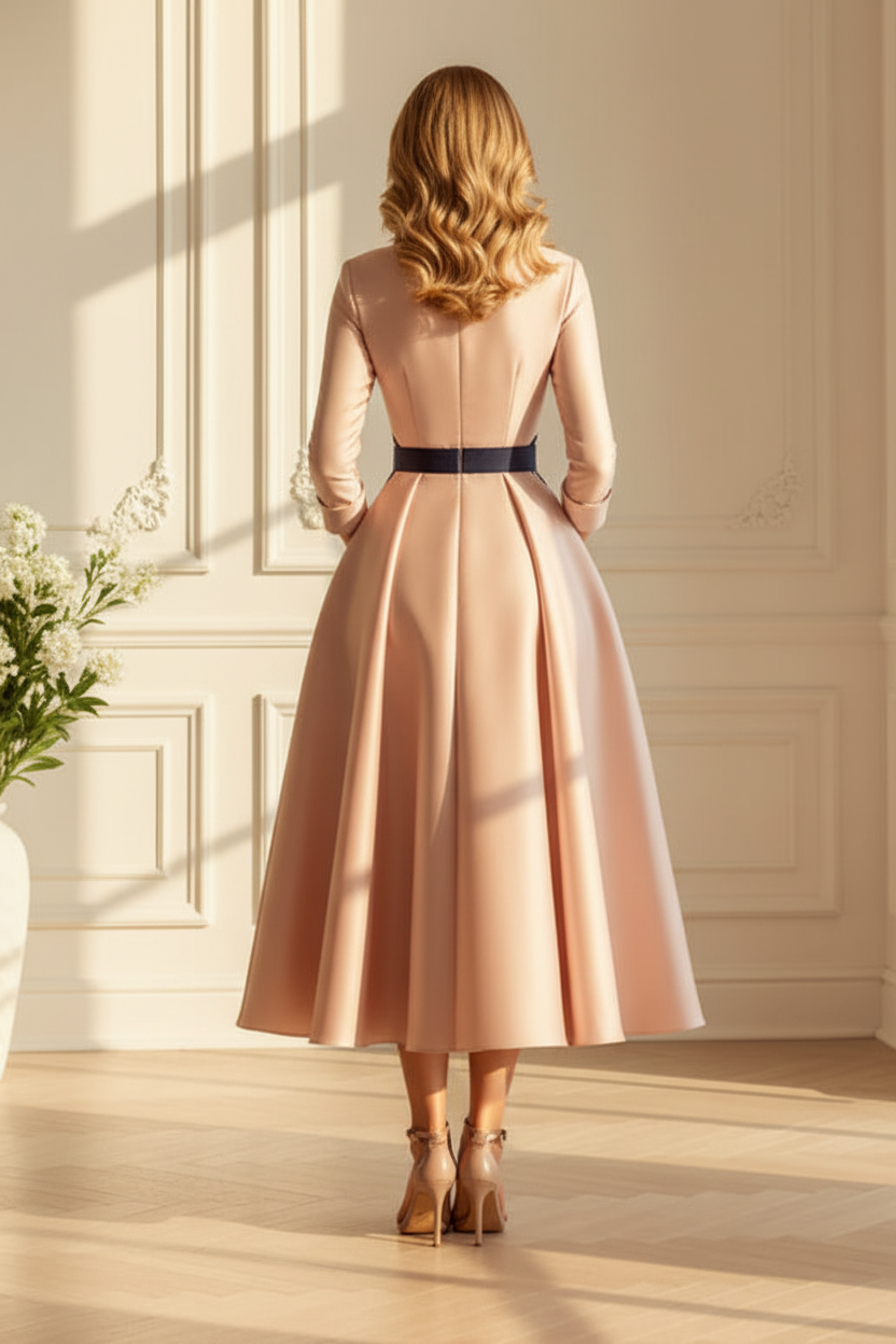 Embroidered A-Line Satin Tea-Length Dress