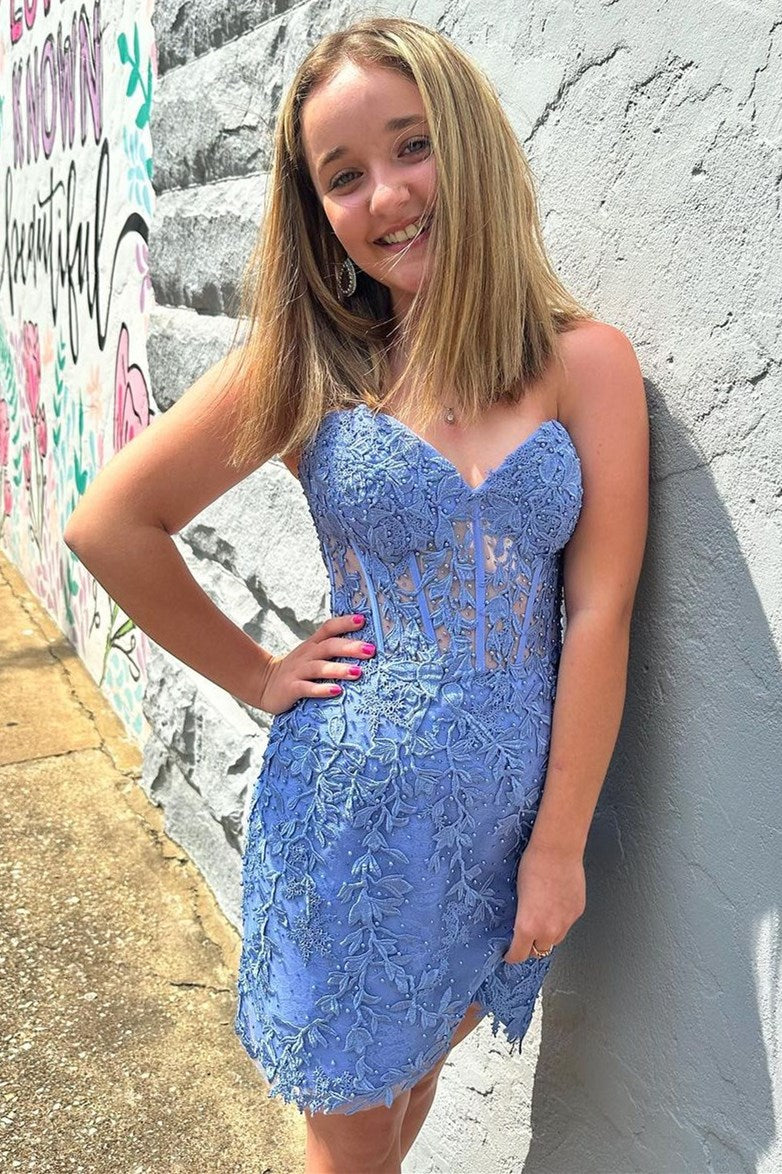 Strapless Lace Applique Corset Homecoming Dress