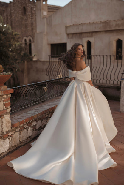 Off-the-Shoulder Satin Ball Gown Wedding Dress