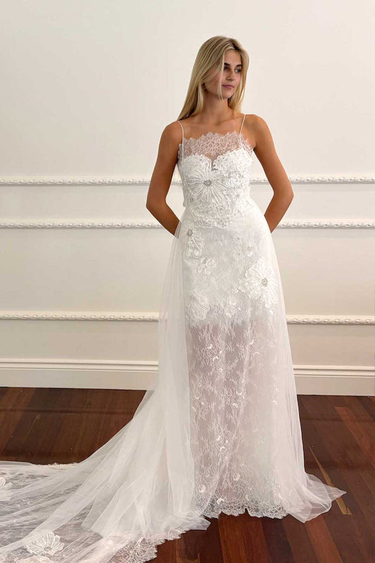 Lace Spaghetti Strap Wedding Dress with 3D Flowers